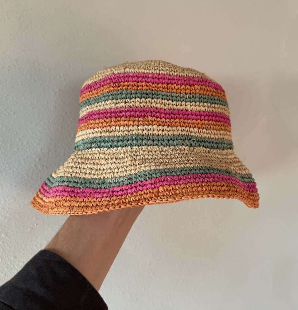 By Anthropologie Bucket raffia Straw hat Festival Beige Orange Blue pink Striped